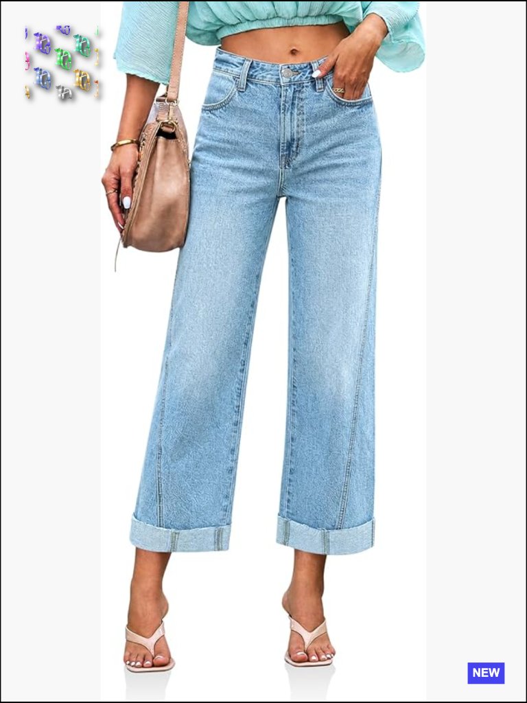 Cropped High Waisted Straight Wide Leg Cuffed Boyfriend Jeans With Pockets